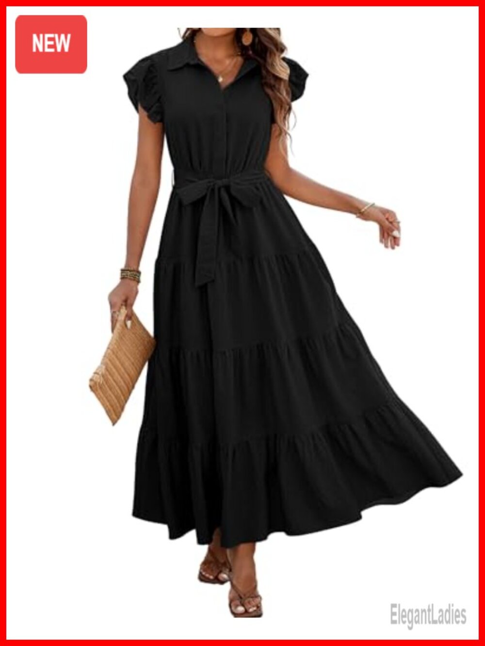 Ruffle Sleeve Button Belted Boho Maxi Dress